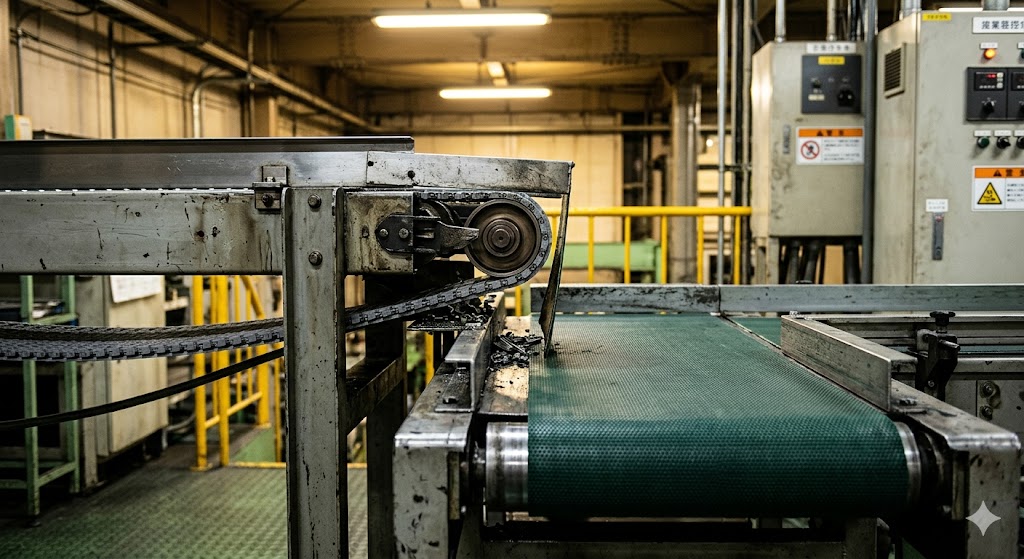 異なるメーカーのコンベア乗り継ぎ部分